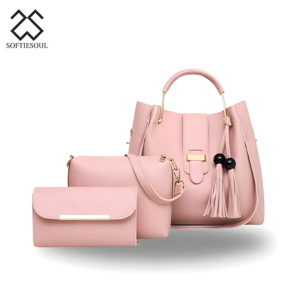 Rexine Plain Pink 3-Piece Handbag Set