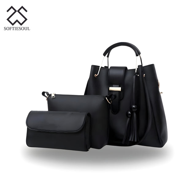 Rexine Plain Black 3-Piece Handbag Set