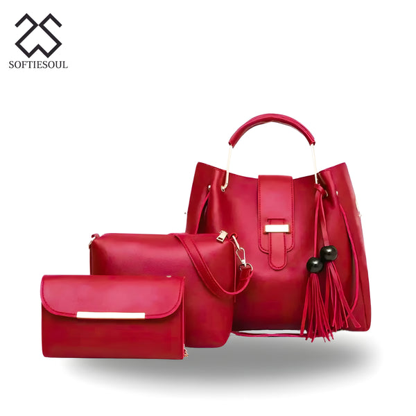 Rexine Plain Red 3-Piece Handbag Set