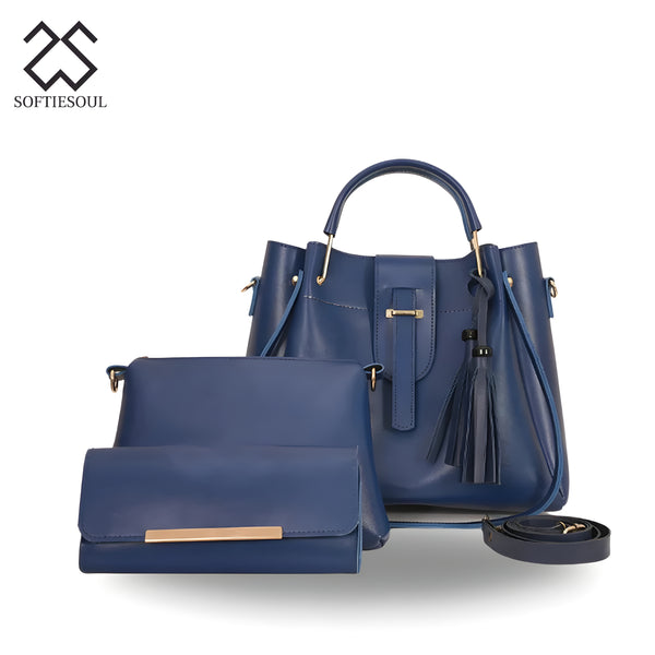 Rexine Plain Blue 3-Piece Handbag Set