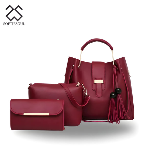 Rexine Plain Dark Red 3-Piece Handbag Set