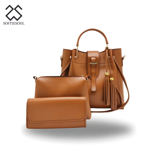 Rexine Plain Brown 3-Piece Handbag Set